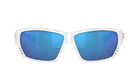 Costa wraparound Sunglasses with white frame and blue lenses on a white background