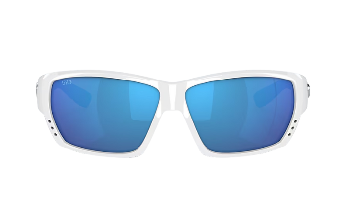 Costa wraparound Sunglasses with white frame and blue lenses on a white background