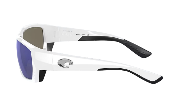 Costa wraparound Sunglasses with white frame and blue lenses on a white background