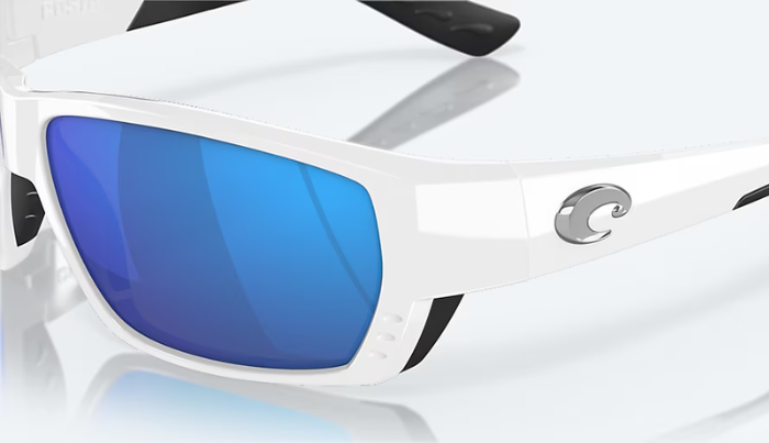 Costa wraparound Sunglasses with white frame and blue lenses on a white background