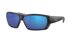 Black Costa wraparound sunglasses with blue lenses on a white background