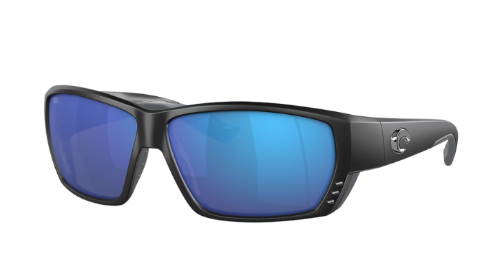 Black Costa wraparound sunglasses with blue lenses on a white background