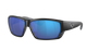 Black Costa wraparound sunglasses with blue lenses on a white background