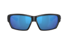 Black Costa wraparound sunglasses with blue lenses on a white background