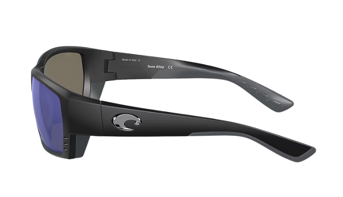 Black Costa wraparound sunglasses with blue lenses on a white background