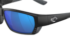 Black Costa wraparound sunglasses with blue lenses on a white background