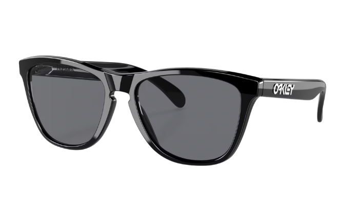 Oakley sunglasses with a glossy black acetate frame and dark gray lenses, shown from a three-quarters angle on a white background.