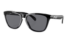 Oakley sunglasses with a glossy black acetate frame and dark gray lenses, shown from a three-quarters angle on a white background.