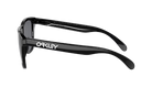 Oakley sunglasses in a glossy black acetate frame with dark lenses, shown from a side profile view against a plain white background.