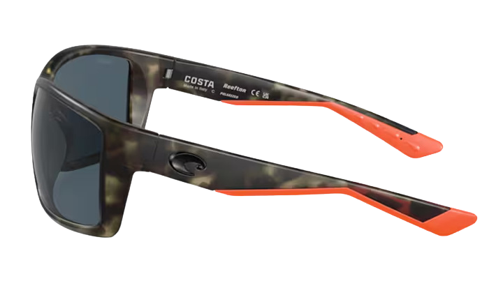 Camoflage Costa sunglasses with gray lenses on a white background