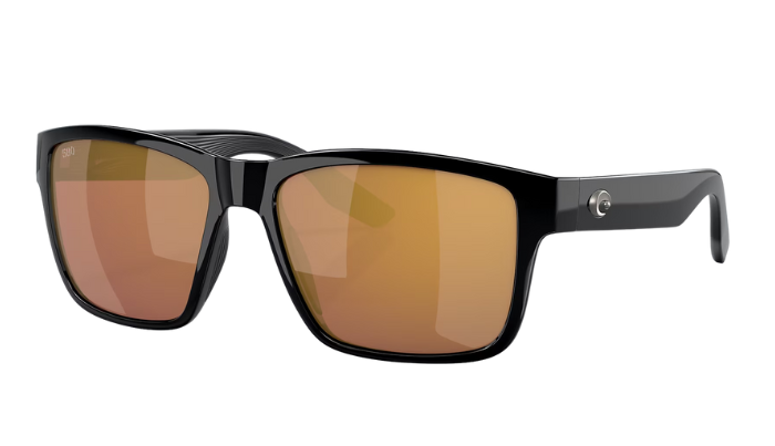 Black Costa sunglasses with Gold Mirror lenses on a white background