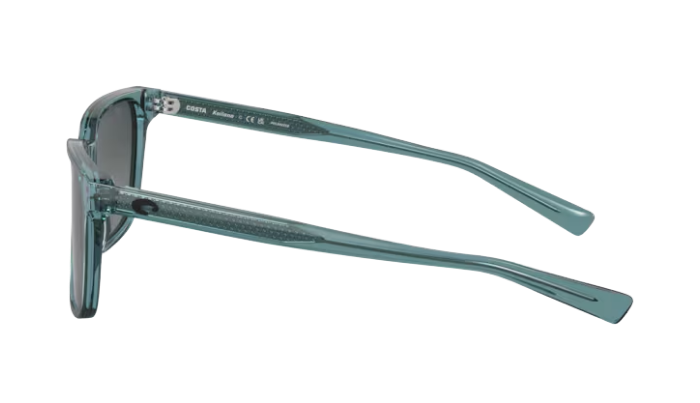 Teal crystal Costa sunglasses with a gray gradient polarized lens on a white background