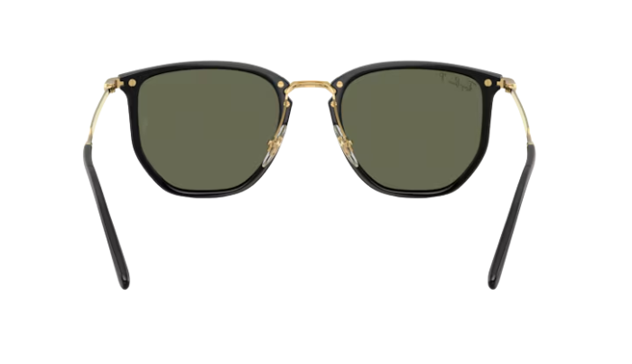 RayBan Polarized Sunglasses with black frame and green lenses on a white background