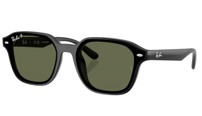Black Ray-Ban polarized sunglasses with green lenses on a white background