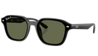 Black Ray-Ban polarized sunglasses with green lenses on a white background
