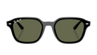 Black Ray-Ban polarized sunglasses with green lenses on a white background