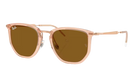 RayBan Sunglasses with rose gold frame and brown lenses on a white background