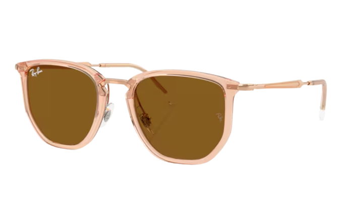 RayBan Sunglasses with rose gold frame and brown lenses on a white background