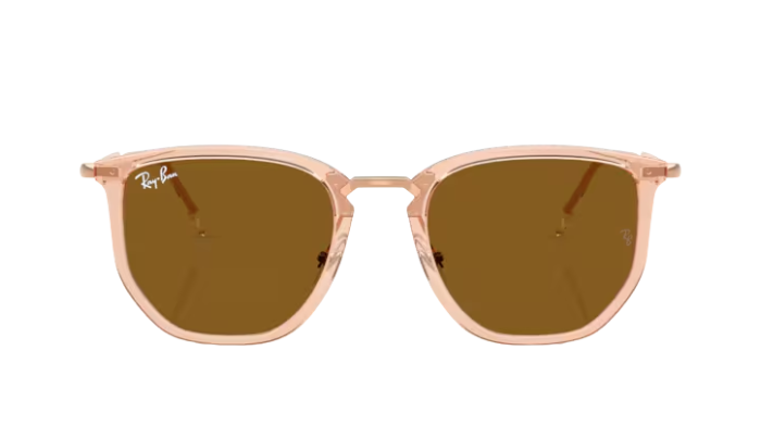 RayBan Sunglasses with rose gold frame and brown lenses on a white background