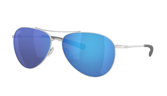 Costa Aviator sunglasses with blue mirror lenses and silver frame on a white background