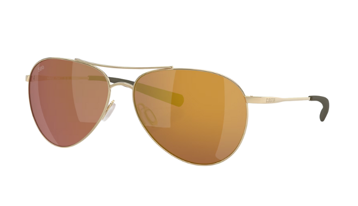 Costa Aviator sunglasses with gold frame and gold mirror lenses on a white background