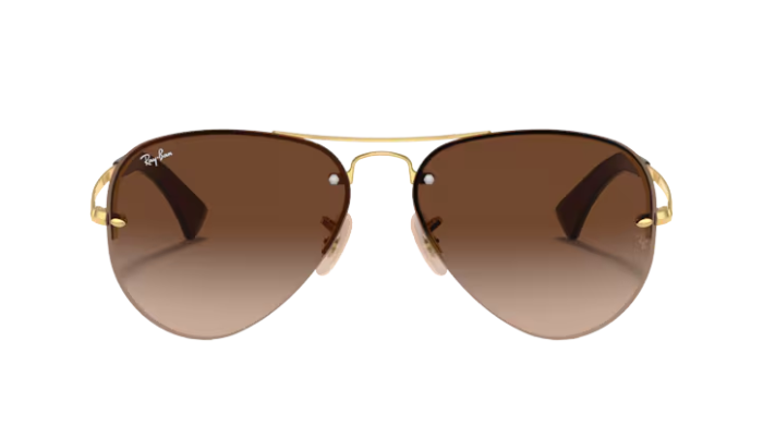 RayBan Aviator sunglasses with gold frame and brown gradient lenses on a white background