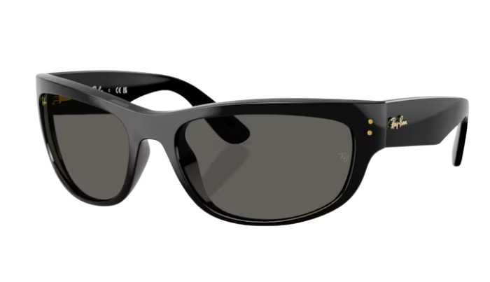 Black RayBan wrap sunglasses with a white background