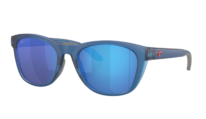 Blue Costa sunglasses with polarized blue mirror lenses a clear background