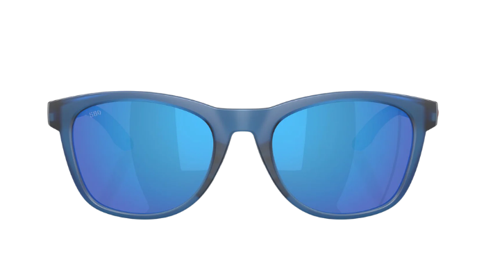 Blue Costa sunglasses with polarized blue mirror lenses a clear background