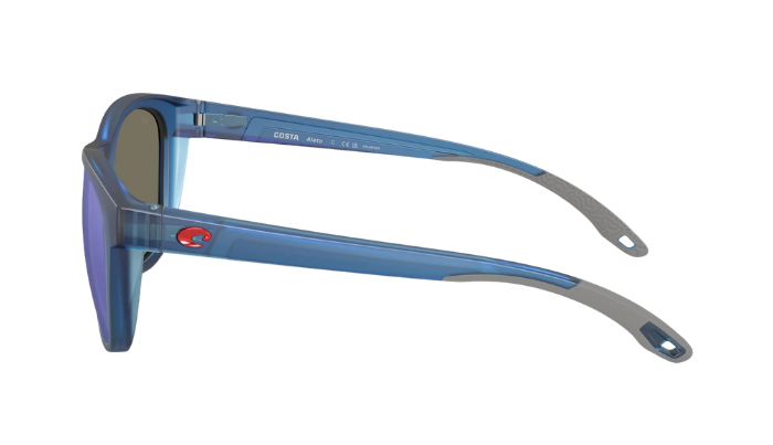 Blue Costa sunglasses with polarized blue mirror lenses a clear background
