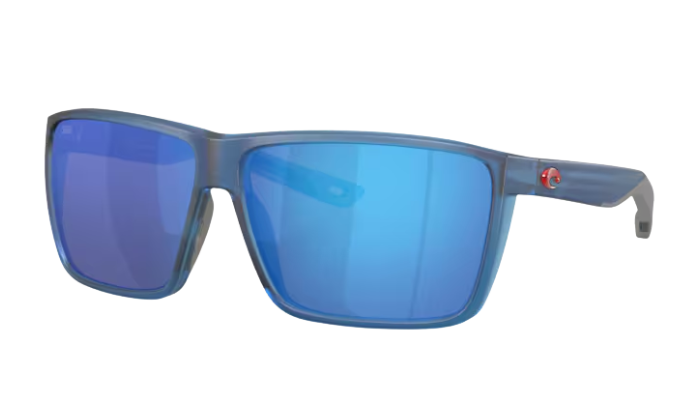 Blue Costa sunglasses with a blue reflective lens on a white background