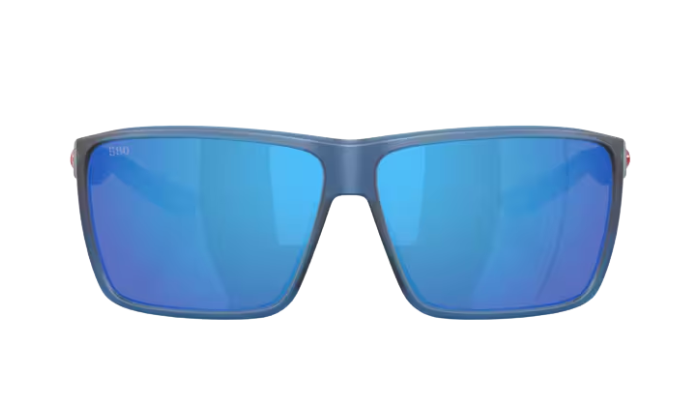 Blue Costa sunglasses with a blue reflective lens on a white background