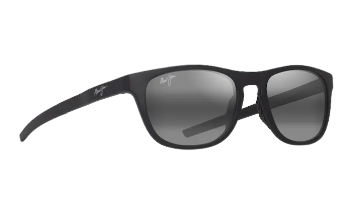 Black Maui Jim sunglasses with gray reflective lenses on a white background