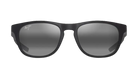 Black Maui Jim sunglasses with gray reflective lenses on a white background