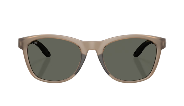 Costa Sunglasses with a smoke grey frame and polarized gray lenses on a white background