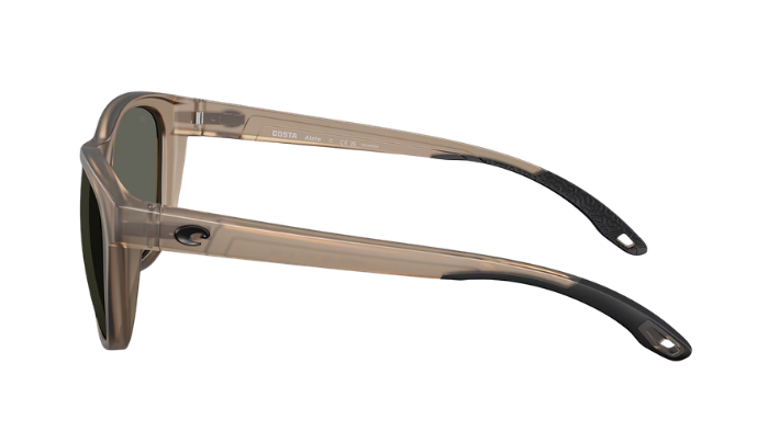 Costa Sunglasses with a smoke grey frame and polarized gray lenses on a white background