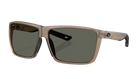 Costa Sunglasses with a transparent matte brown frame and gray lenses on a white background
