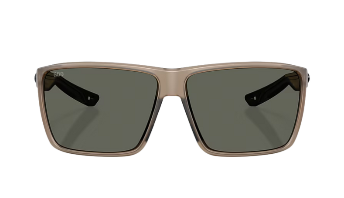Costa Sunglasses with a transparent matte brown frame and gray lenses on a white background