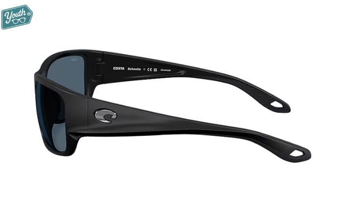 Black Costa Youth wraparound Sunglasses with gray lenses.