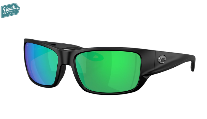 Black Costa Youth wraparound Sunglasses with green mirror lenses.