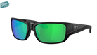 Black Costa Youth wraparound Sunglasses with green mirror lenses.