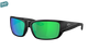 Black Costa Youth wraparound Sunglasses with green mirror lenses.