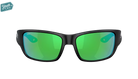 Black Costa Youth wraparound Sunglasses with green mirror lenses.