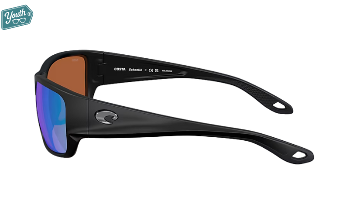 Black Costa Youth wraparound Sunglasses with green mirror lenses.