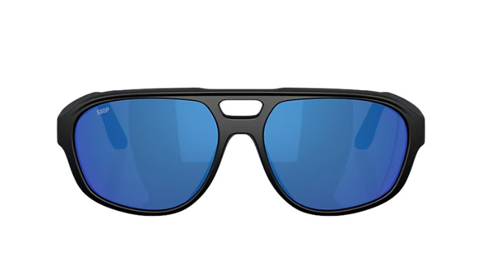 Black Costa Sunglasses with blue mirror lenses. Street Heat