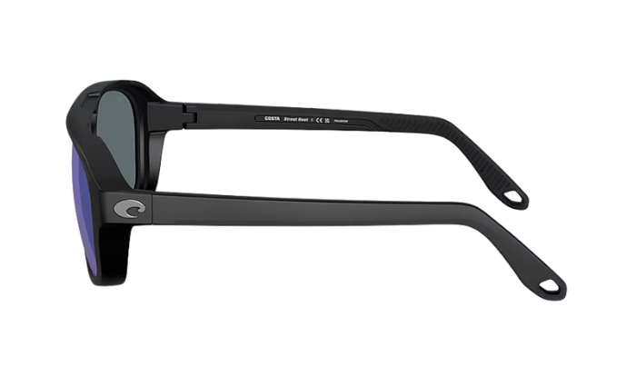 Black Costa Sunglasses with blue mirror lenses. Street Heat