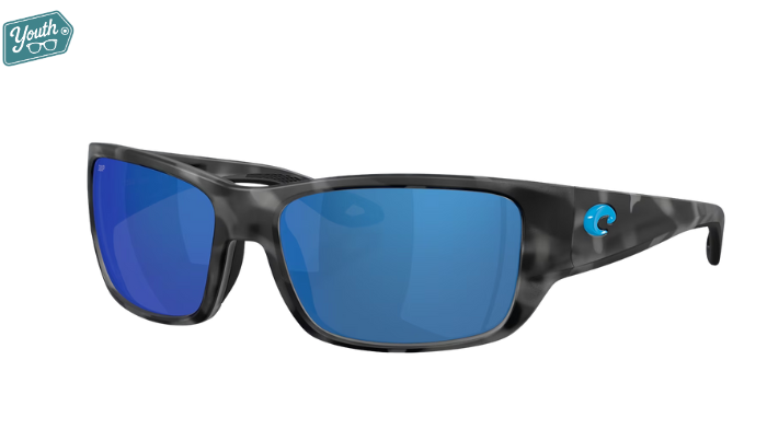 Tiger shark pattern Costa Youth wraparound Sunglasses with blue mirror lenses.