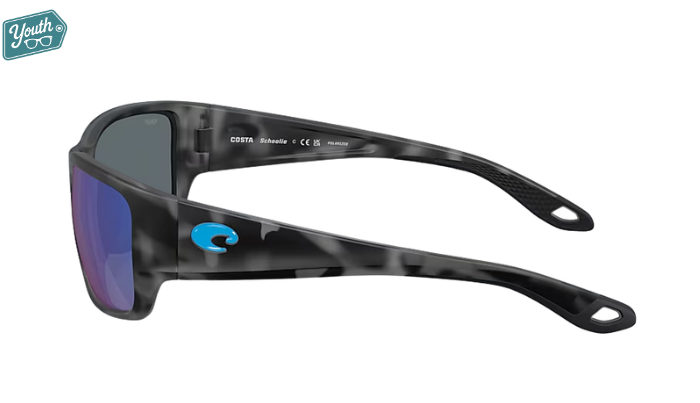 Tiger shark pattern Costa Youth wraparound Sunglasses with blue mirror lenses.
