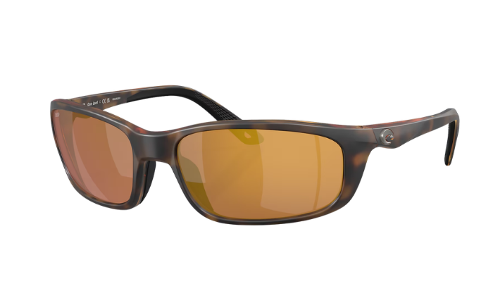 Costa Sunglasses with tortoise frame and polarized gold reflective lenses on a white background
