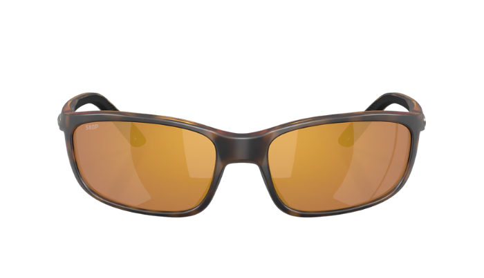 Costa Sunglasses with tortoise frame and polarized gold reflective lenses on a white background